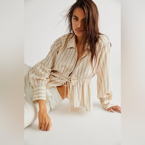 NWOT Free People Caitlin Top Beige Striped Tie Front Boho Blouse Size XS/TP - Picture 4 of 16
